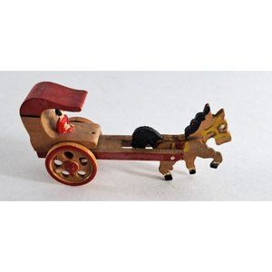Vintage Wood Toy Horse Cart Carriage W Lady Japan Moveable Wheels 3.5"